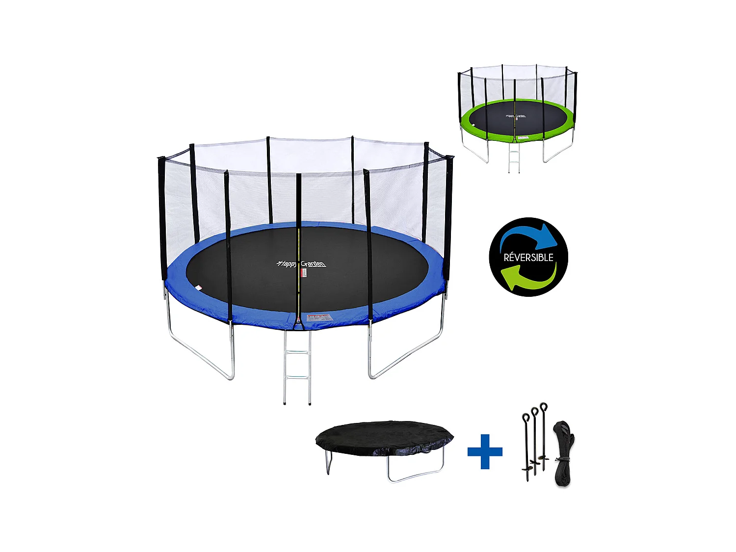 Cama elástica de 430cm reversible azul/verde, Pack trampolín MELBOURNE + red de seguridad + escalera + lona + kit de anclaje.
