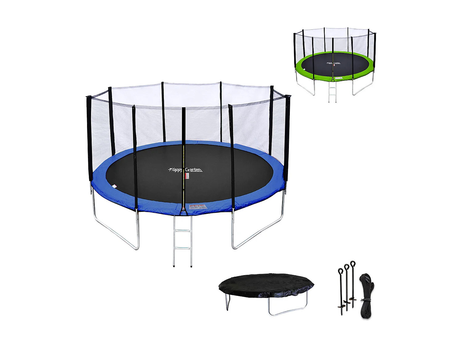 Cama elástica de 430cm reversible azul/verde, Pack trampolín MELBOURNE + red de seguridad + escalera + lona + kit de anclaje.