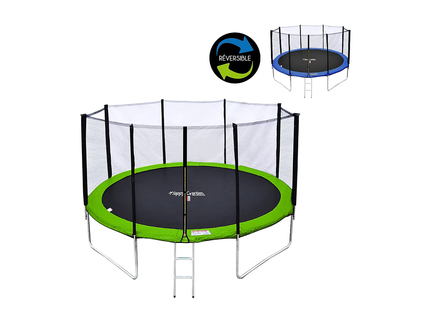 Cama elástica de 430cm reversible azul/verde, Pack trampolín MELBOURNE + red de seguridad + escalera + lona + kit de anclaje.