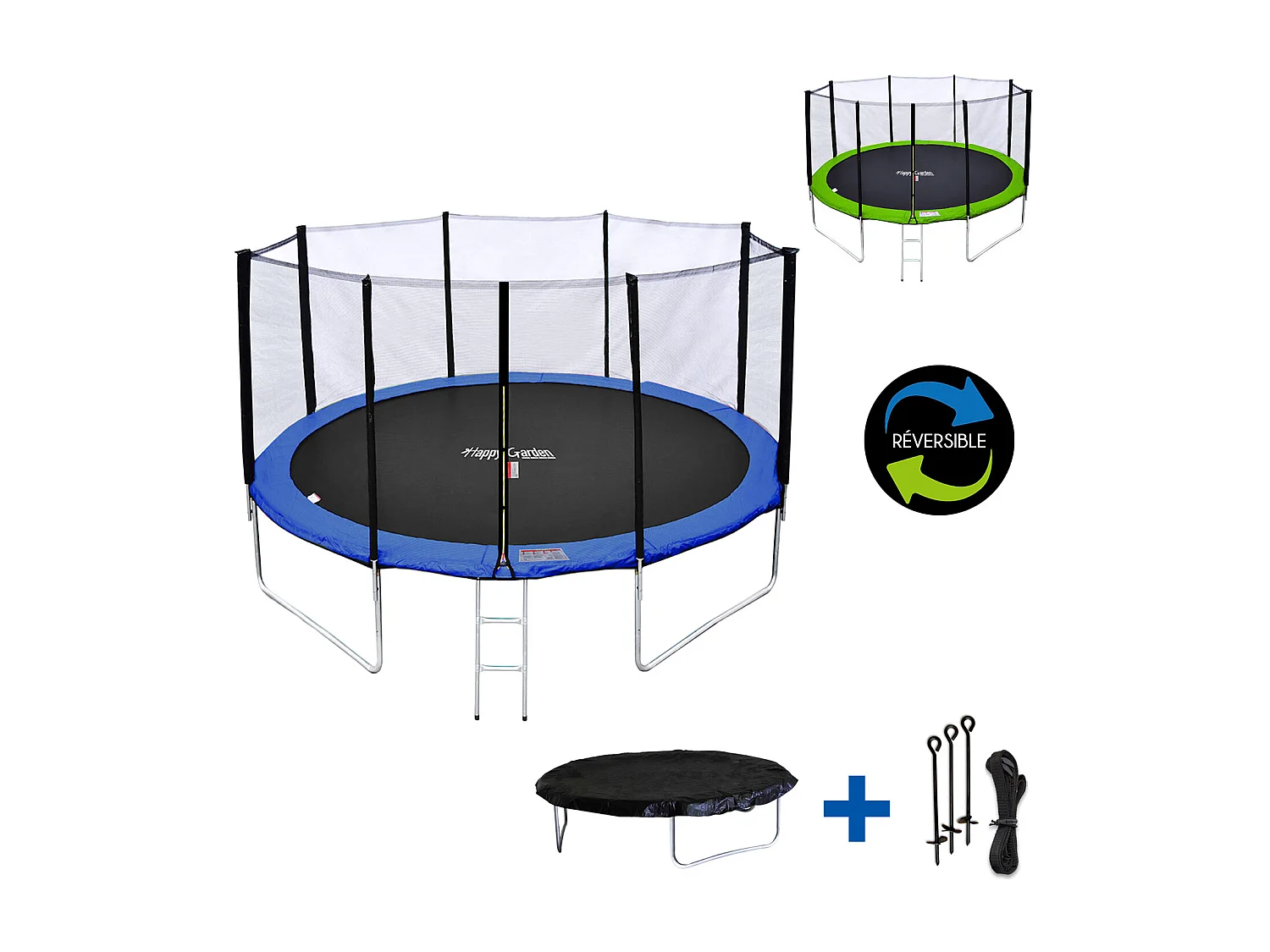 Cama elástica de 430cm reversible azul/verde, Pack trampolín MELBOURNE + red de seguridad + escalera + lona + kit de anclaje.