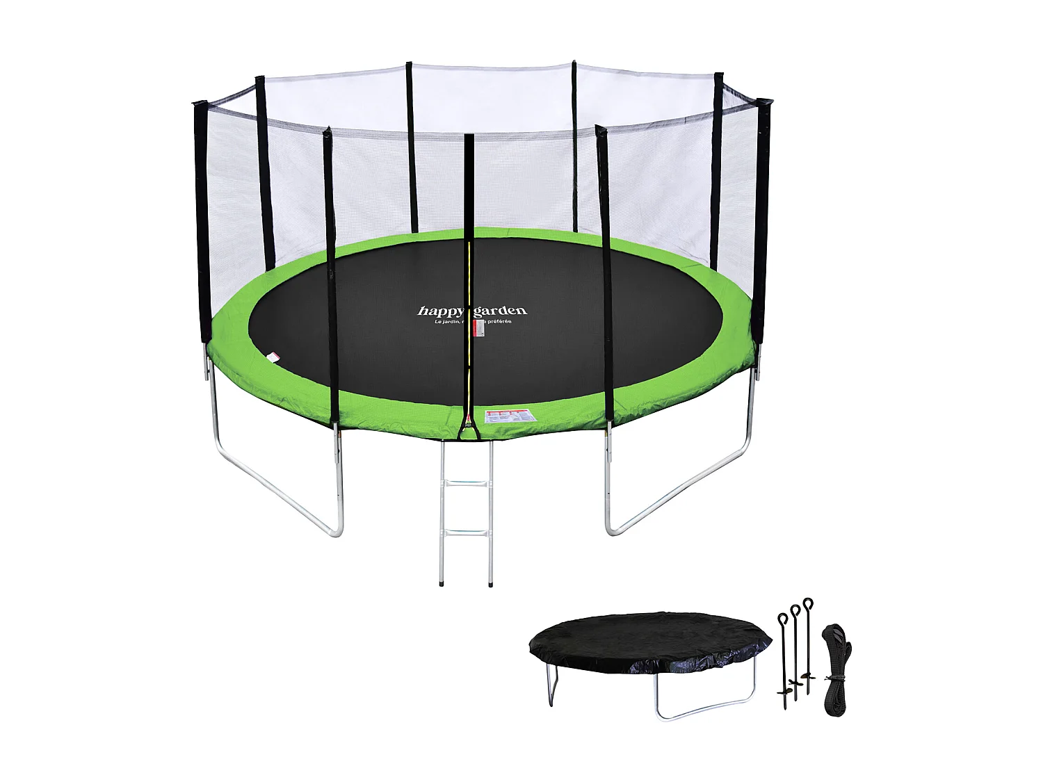 Trampoline 430cm réversible bleu / vert MELBOURNE + filet, échelle, bâche et kit d'ancrage - HAPPY GARDEN