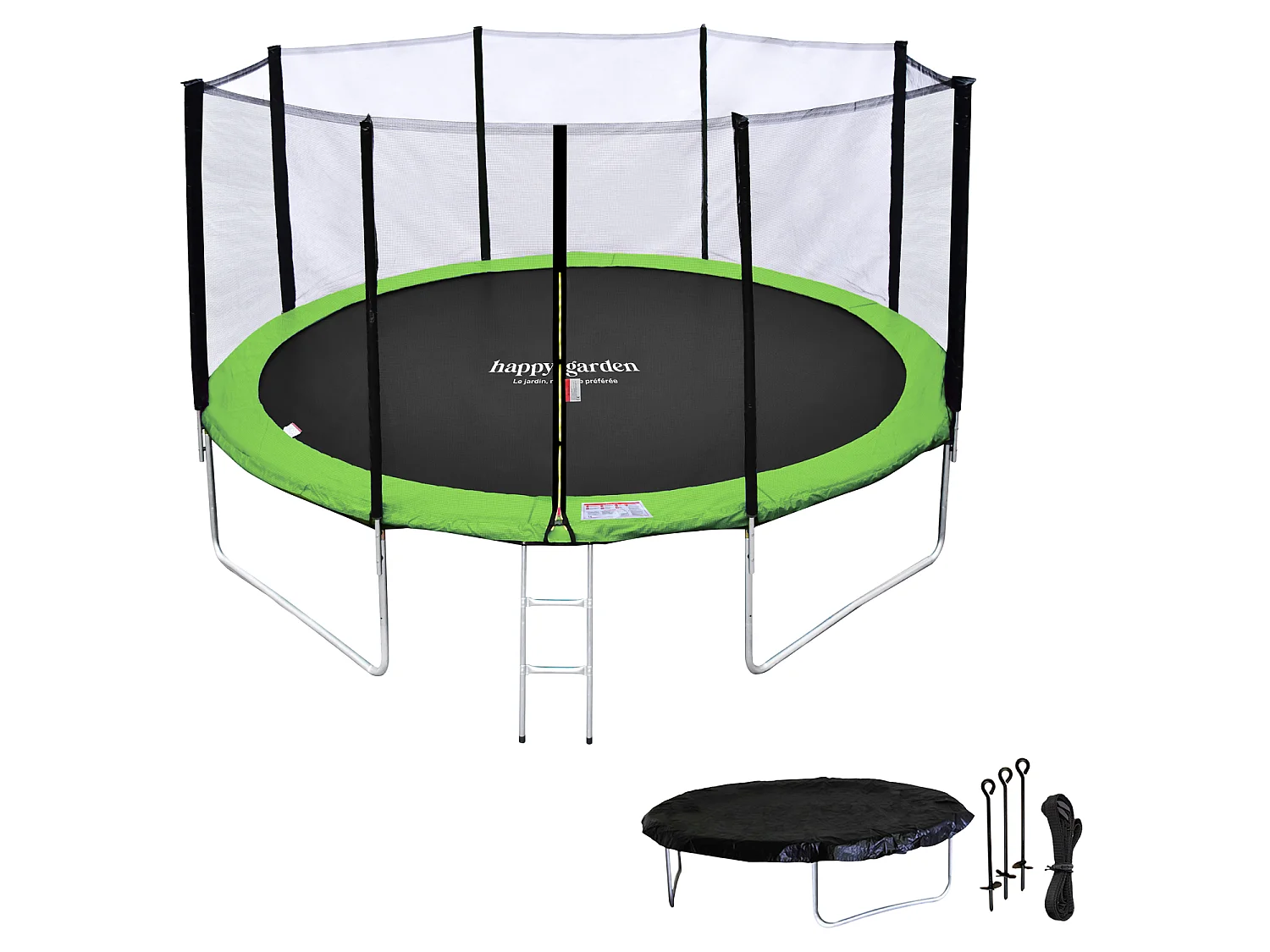 Cama elástica de 430cm reversible azul/verde, Pack trampolín MELBOURNE + red de seguridad + escalera + lona + kit de anclaje.