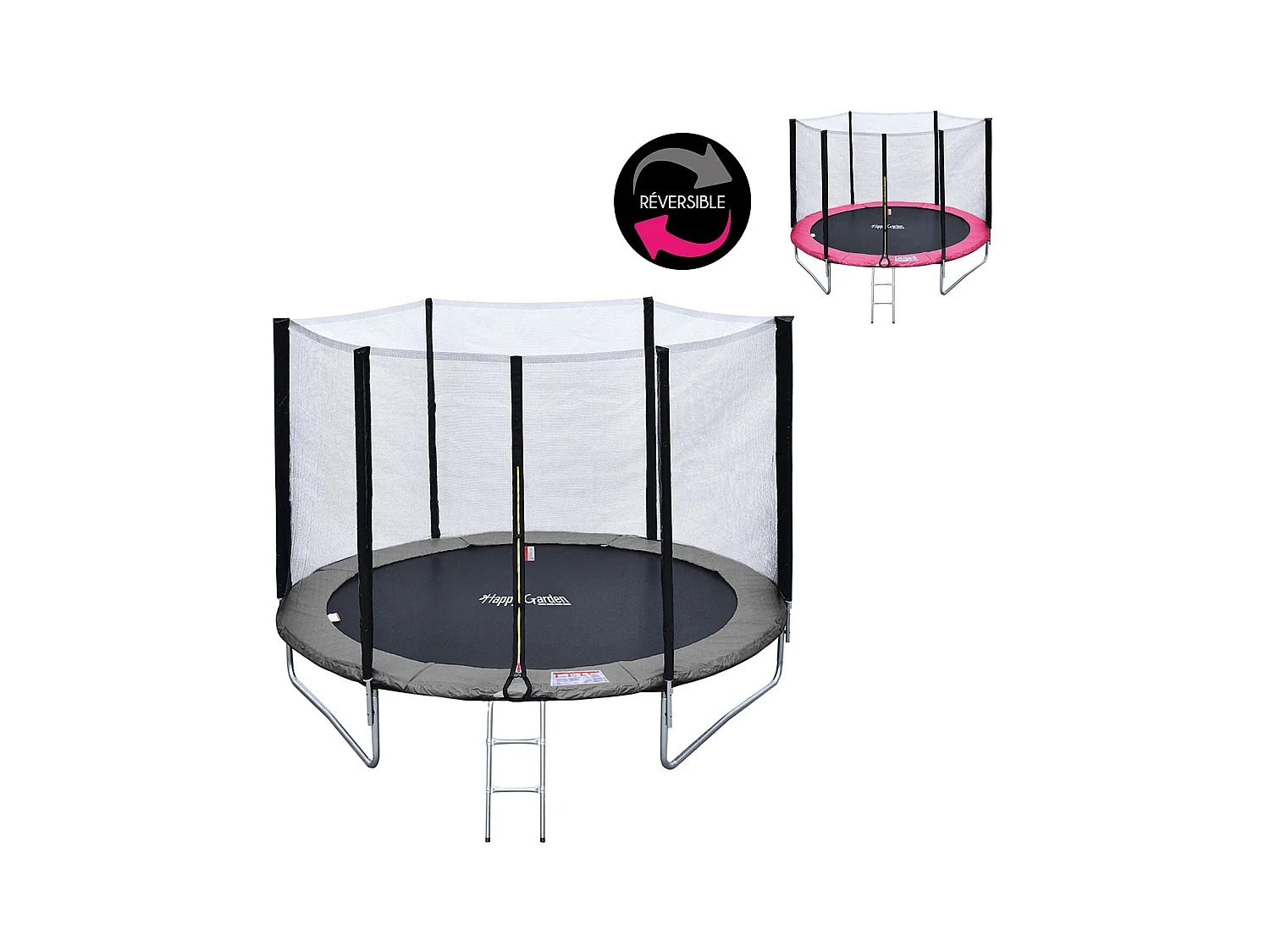 Trampoline 245cm réversible rose / gris CANBERRA + filet, échelle, bâche et kit d'ancr - HAPPY GARDEN