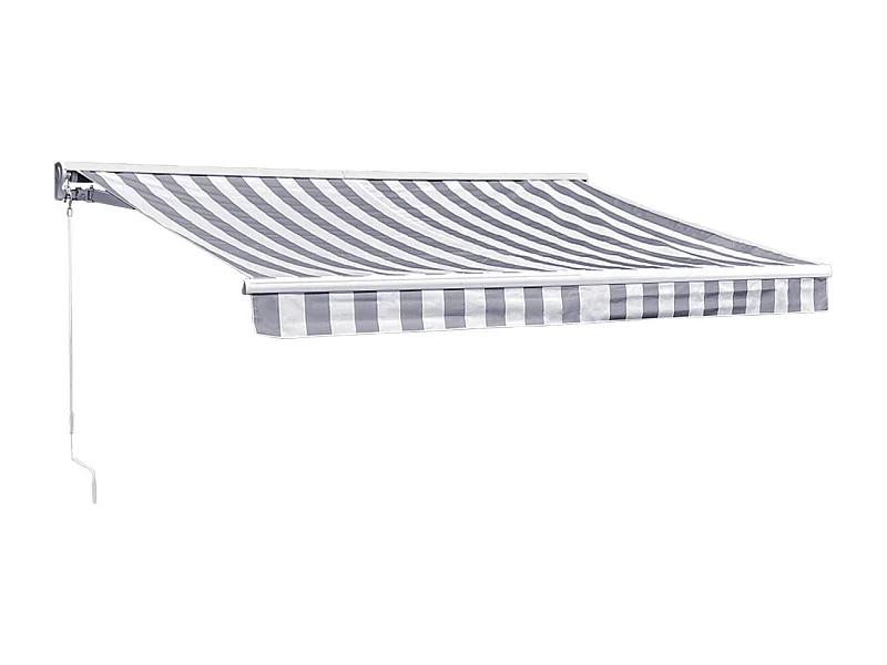 Store banne SAULE 2,95 × 2,5m avec semi-coffre - Toile rayée blanche/grise et structure blanche - HAPPY GARDEN