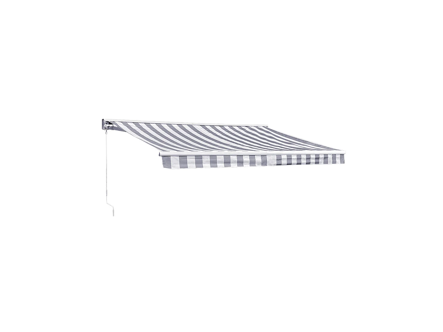 Store banne SAULE 3,5 × 3m avec semi-coffre - Toile rayée blanche/grise et structure blanche - HAPPY GARDEN