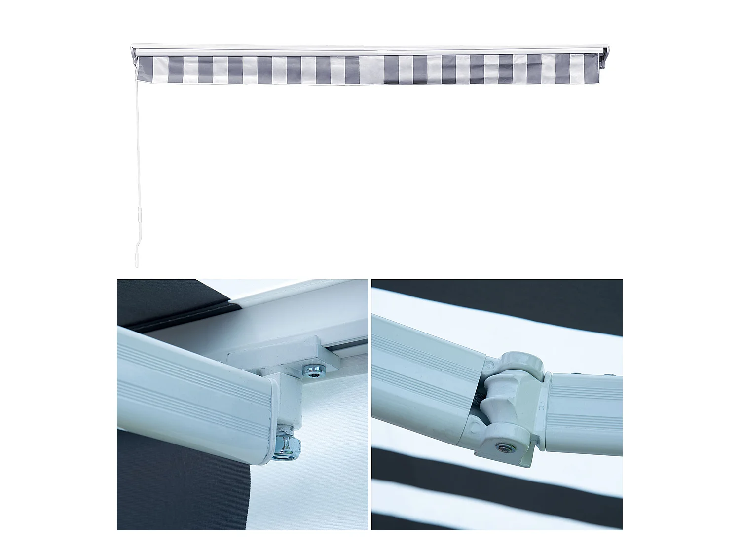 SAULE luifel 3,5 × 3m met half luifel - Wit/grijs gestreept doek en witte structuur