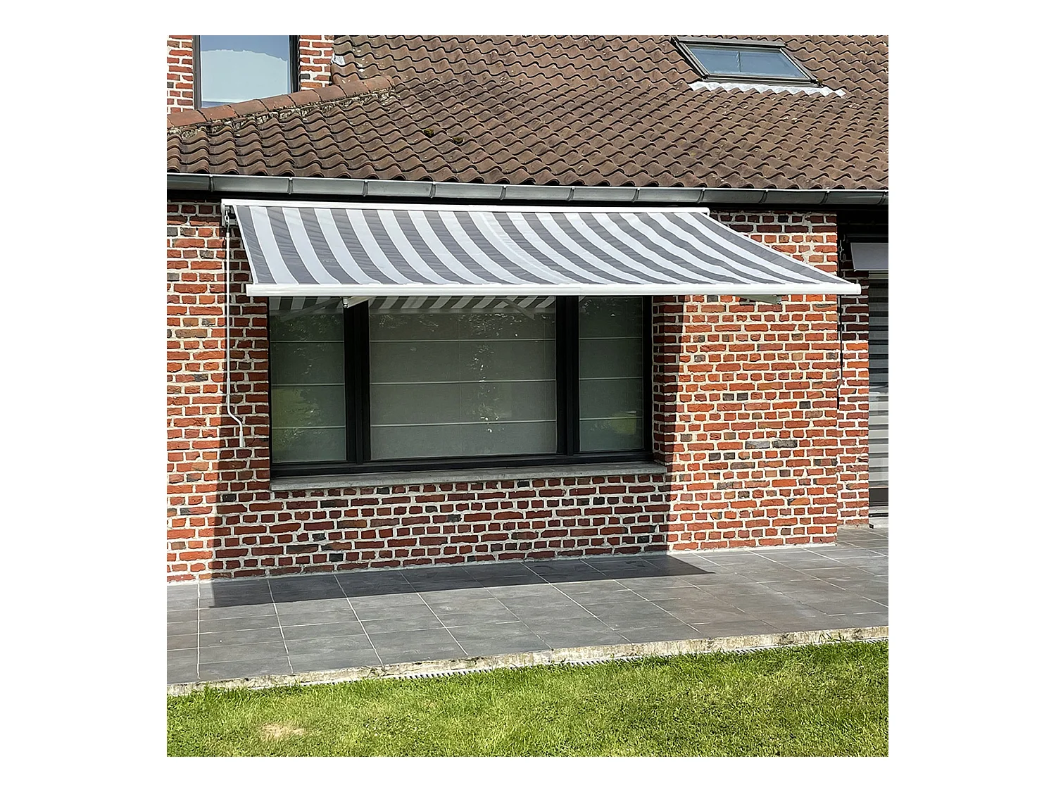 SAULE luifel 3,5 × 3m met half luifel - Wit/grijs gestreept doek en witte structuur