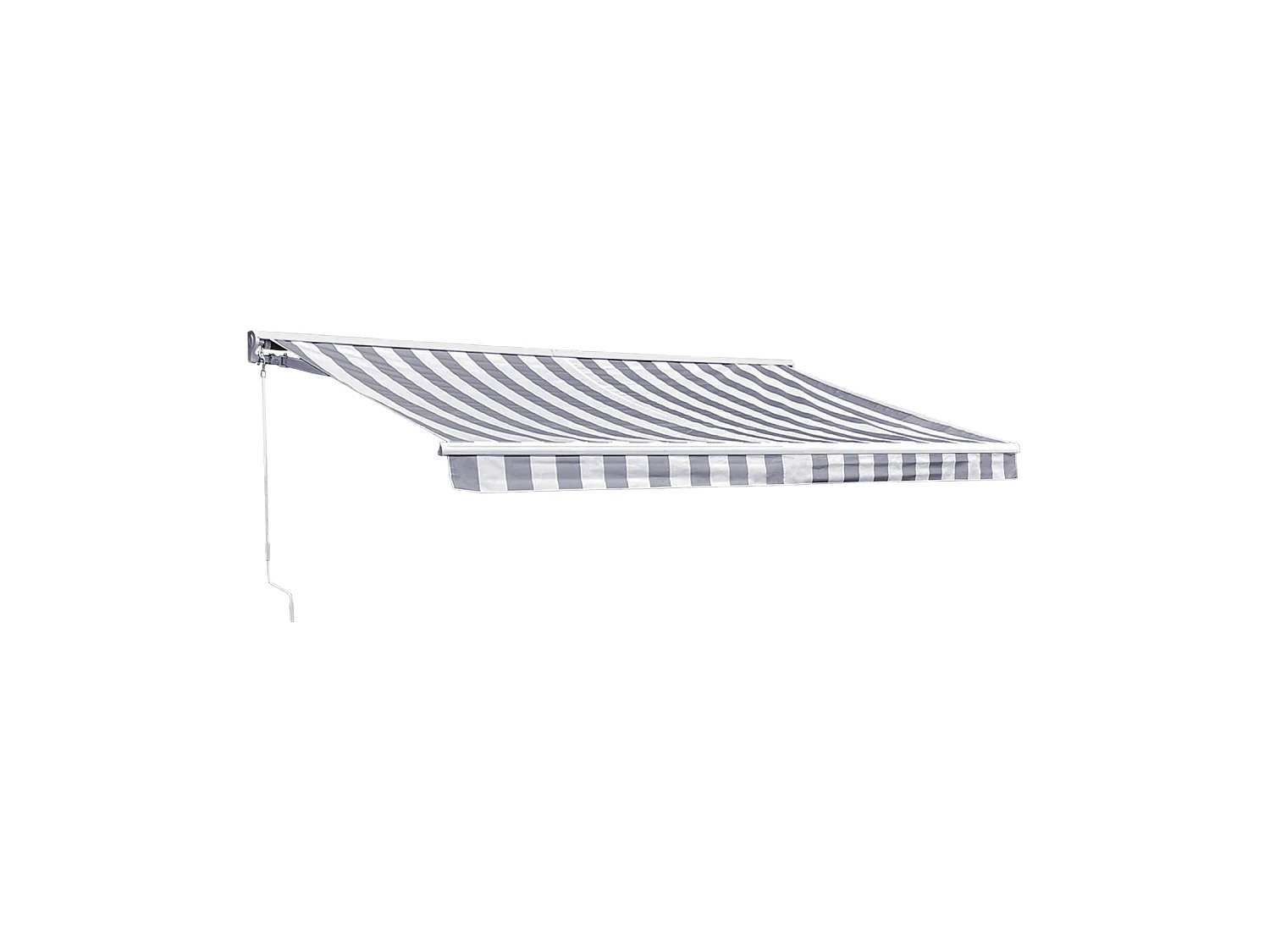 Store banne SAULE 3,95 × 3m avec semi-coffre - Toile rayée blanche/grise et structure blanche - HAPPY GARDEN