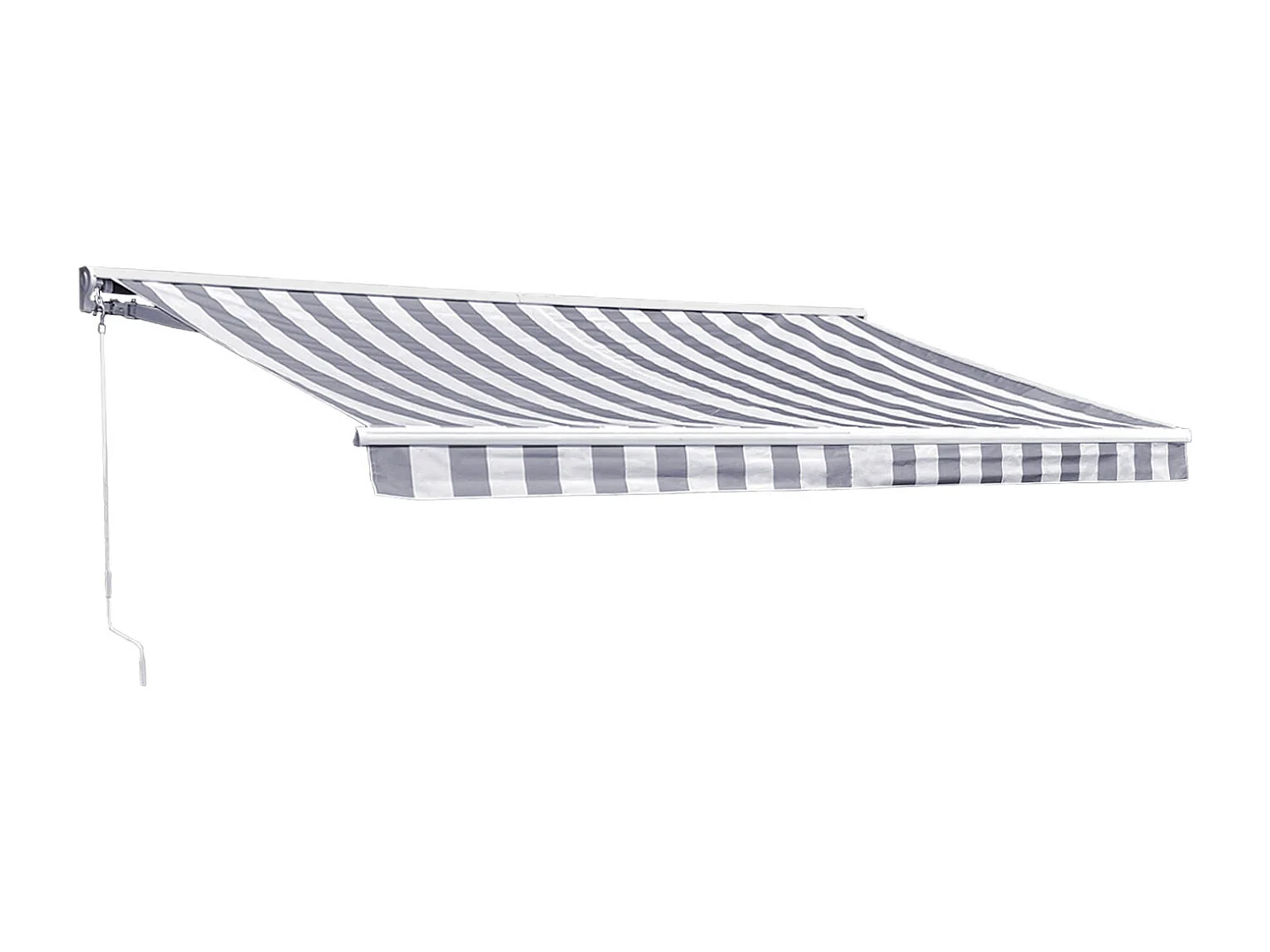 Store banne SAULE 3,95 × 3m avec semi-coffre - Toile rayée blanche/grise et structure blanche - HAPPY GARDEN