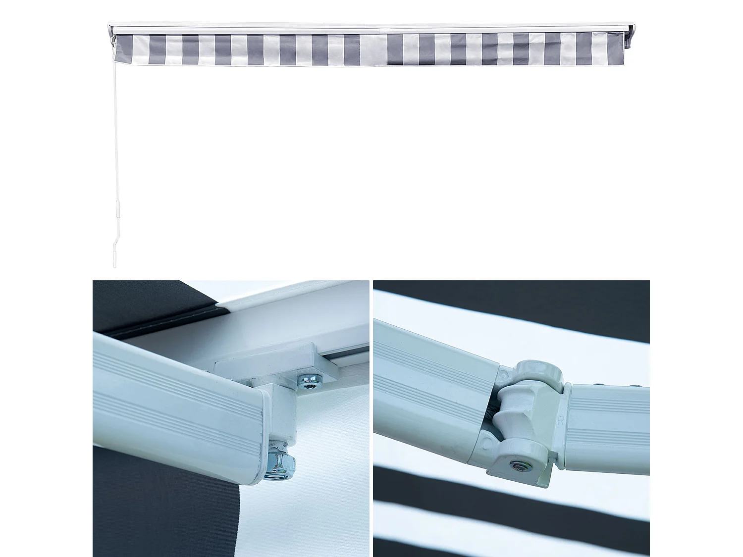 Store banne SAULE 3,95 × 3m avec semi-coffre - Toile rayée blanche/grise et structure blanche - HAPPY GARDEN