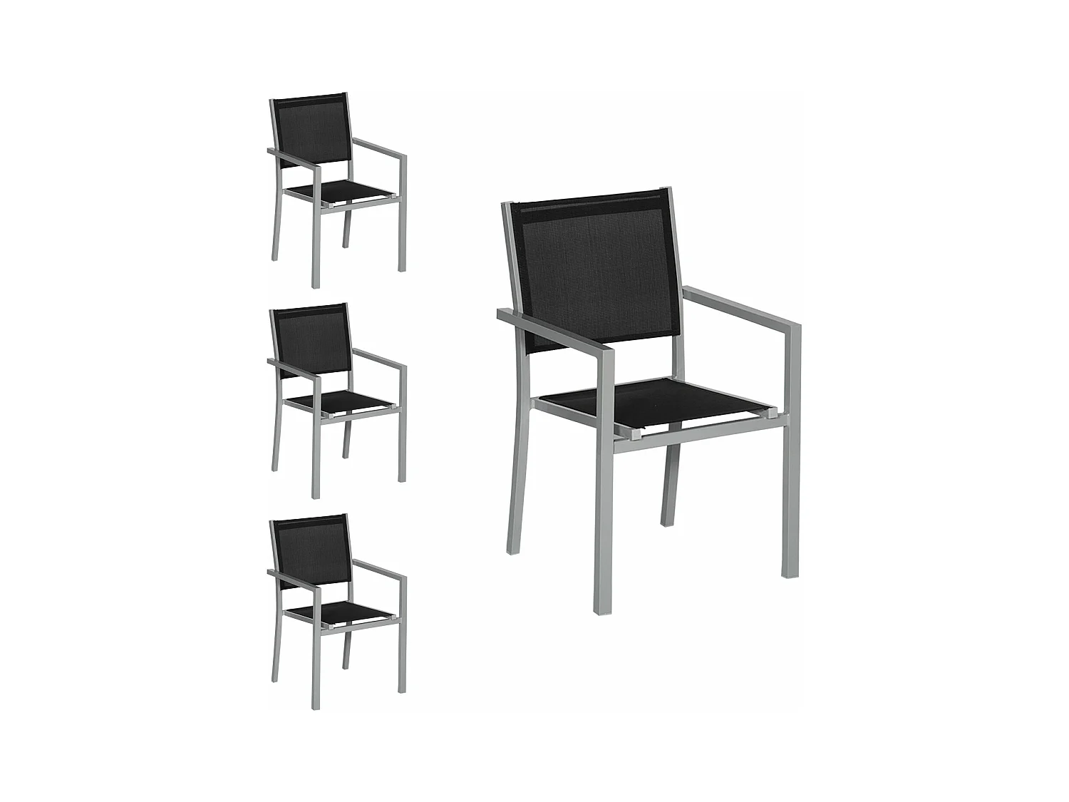 Lot de 4 chaises en aluminium gris - textilène noir - HAPPY GARDEN