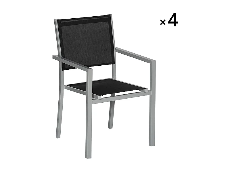 Set van 4 grijze aluminium stoelen - zwart textilene