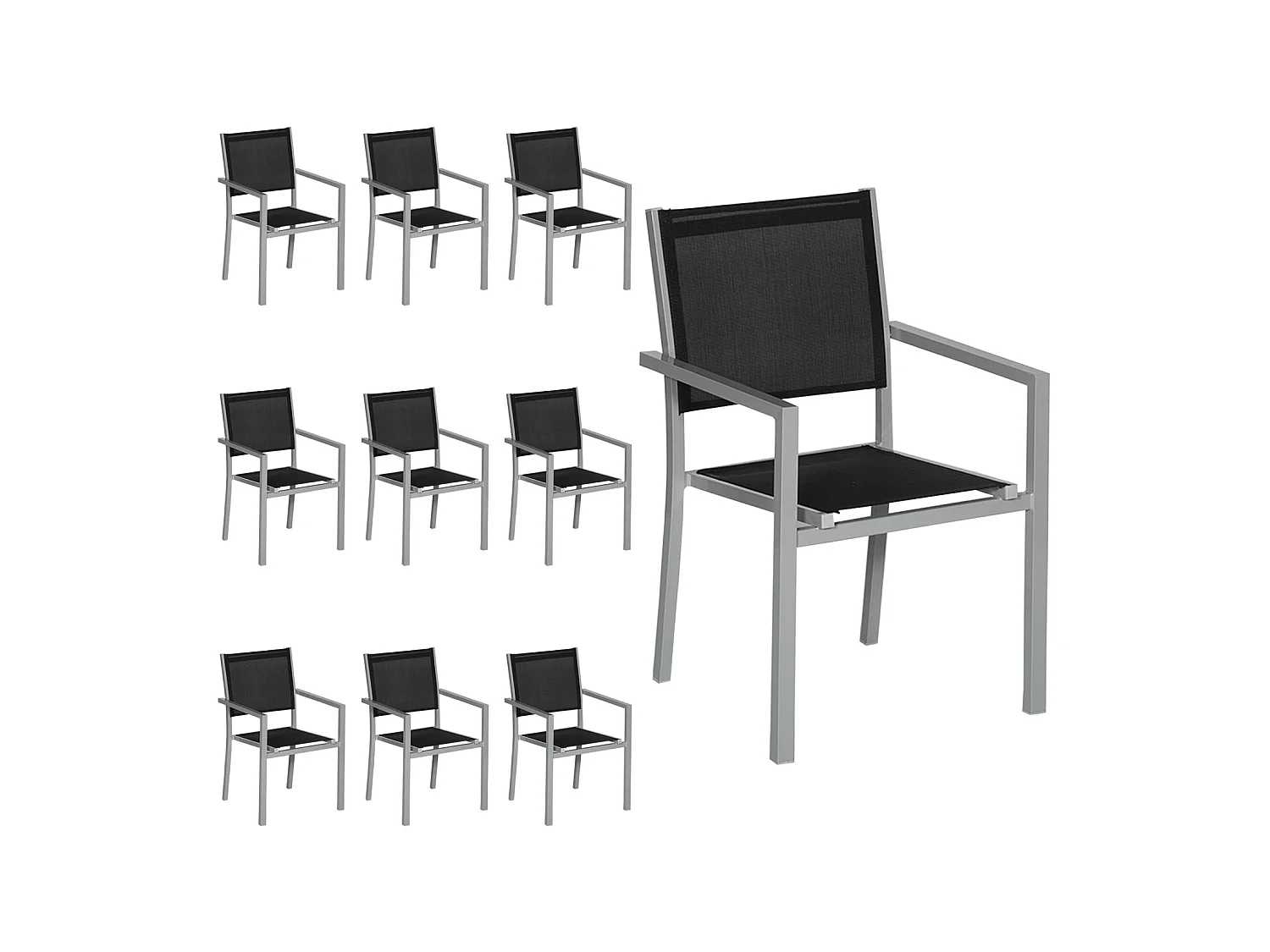Lot de 10 chaises en aluminium gris - textilène noir - HAPPY GARDEN