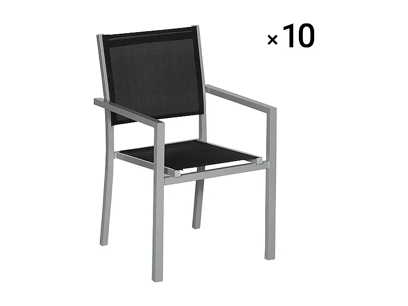 Lot de 10 chaises en aluminium gris - textilène noir - HAPPY GARDEN