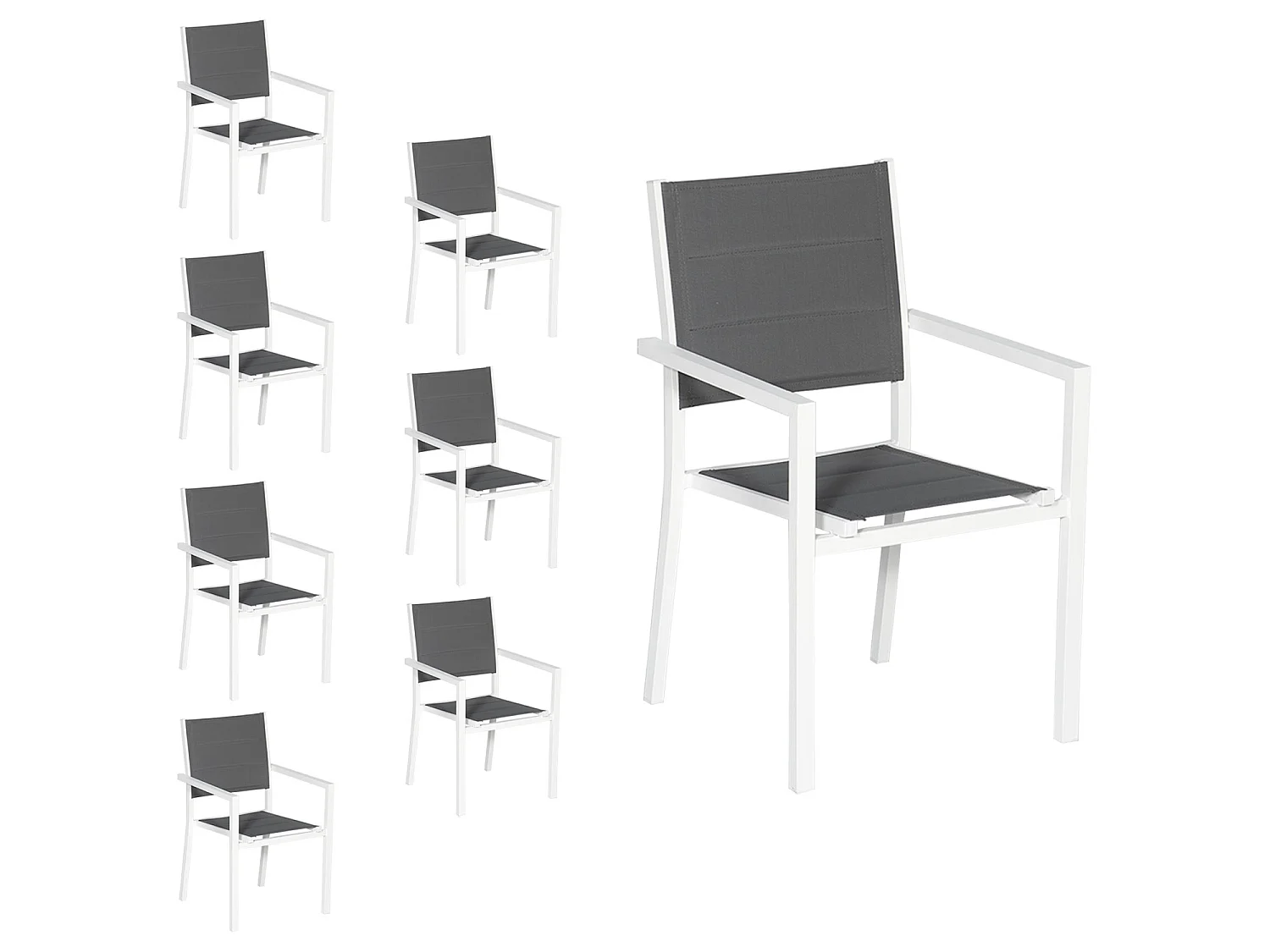 Set van 8 met wit aluminium beklede stoelen - grijs textilene
