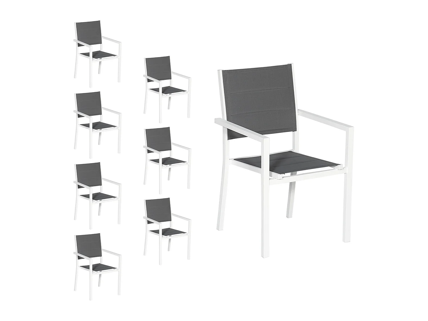 Lot de 8 chaises rembourrées en aluminium blanc - textilène gris - HAPPY GARDEN