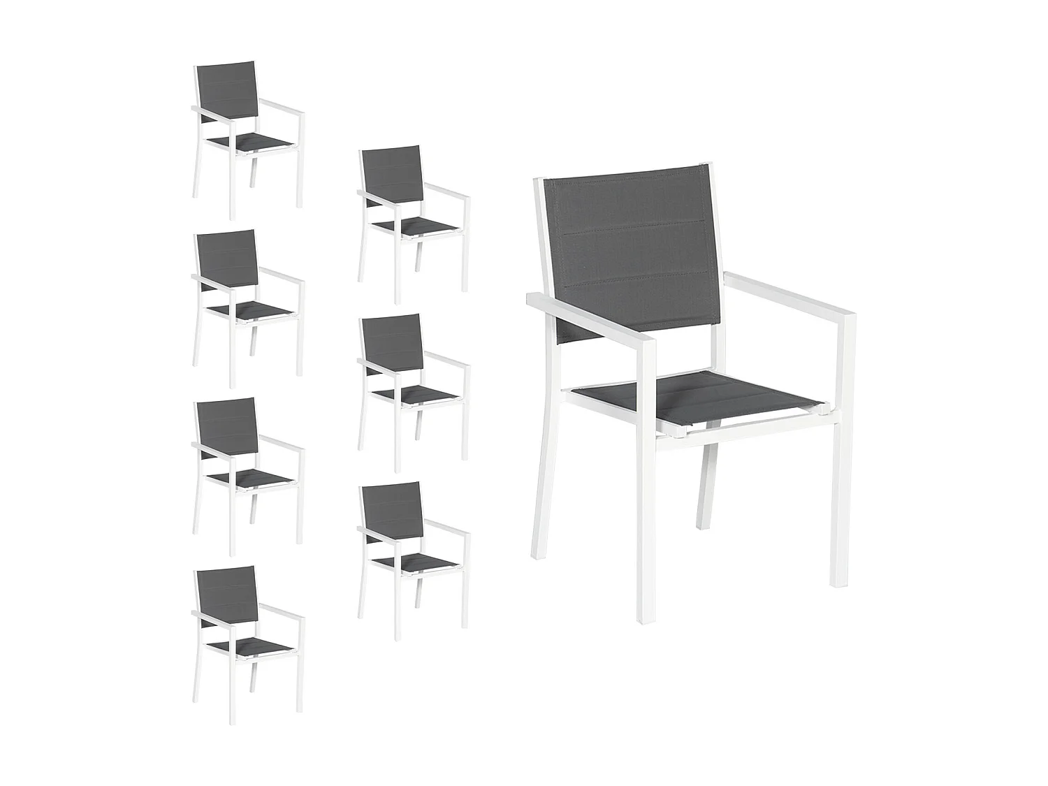 Set van 8 met wit aluminium beklede stoelen - grijs textilene