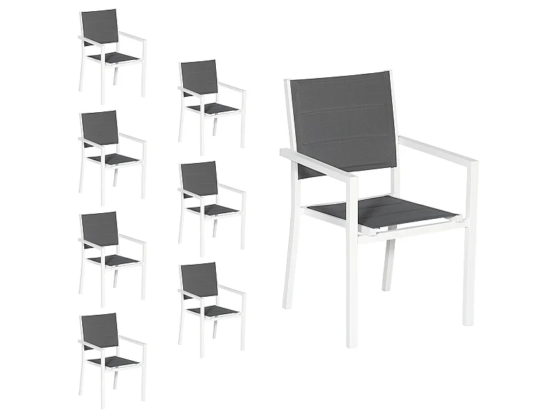 Lot de 8 chaises rembourrées en aluminium blanc - textilène gris - HAPPY GARDEN