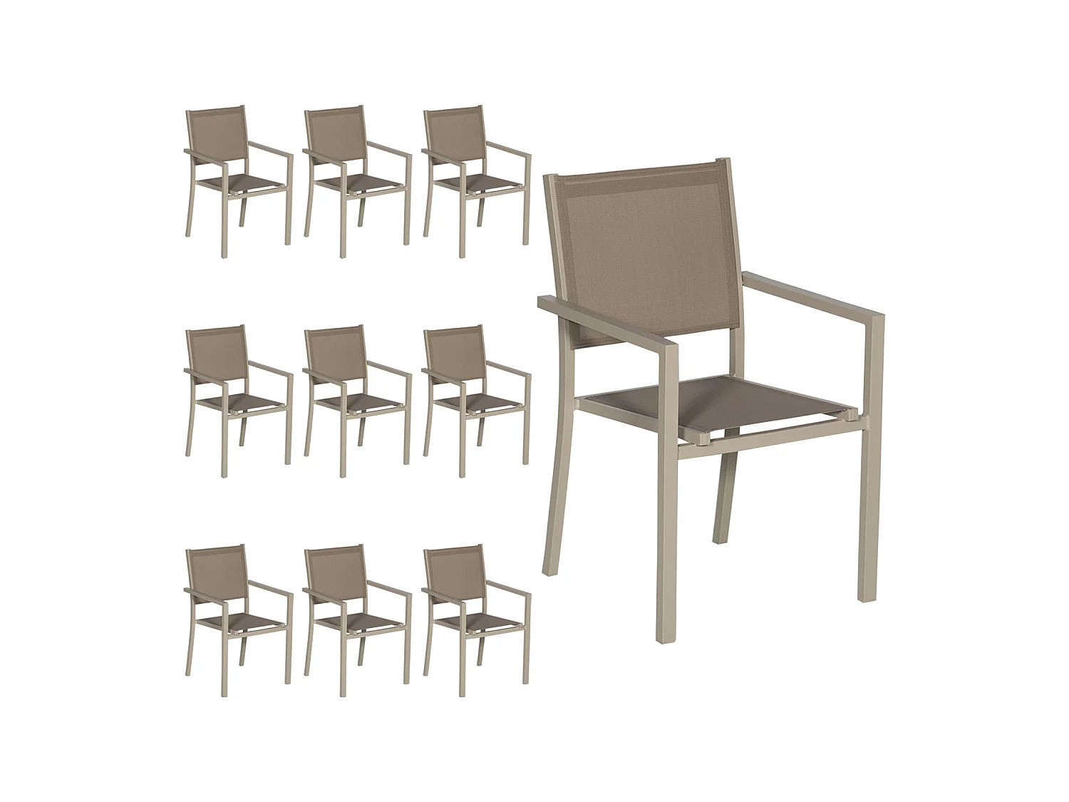 Lot de 10 chaises en aluminium taupe - textilène taupe - HAPPY GARDEN