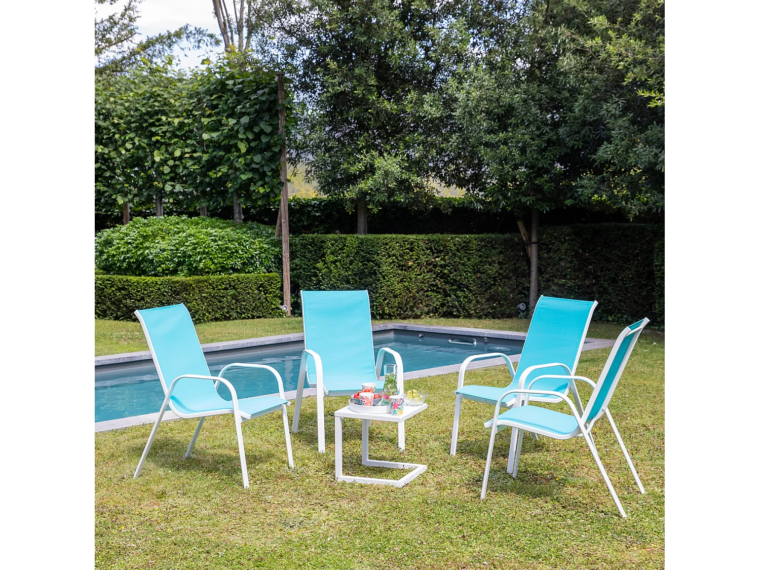 Set van 4 MARBELLA stoelen in blauw textilene - wit aluminium