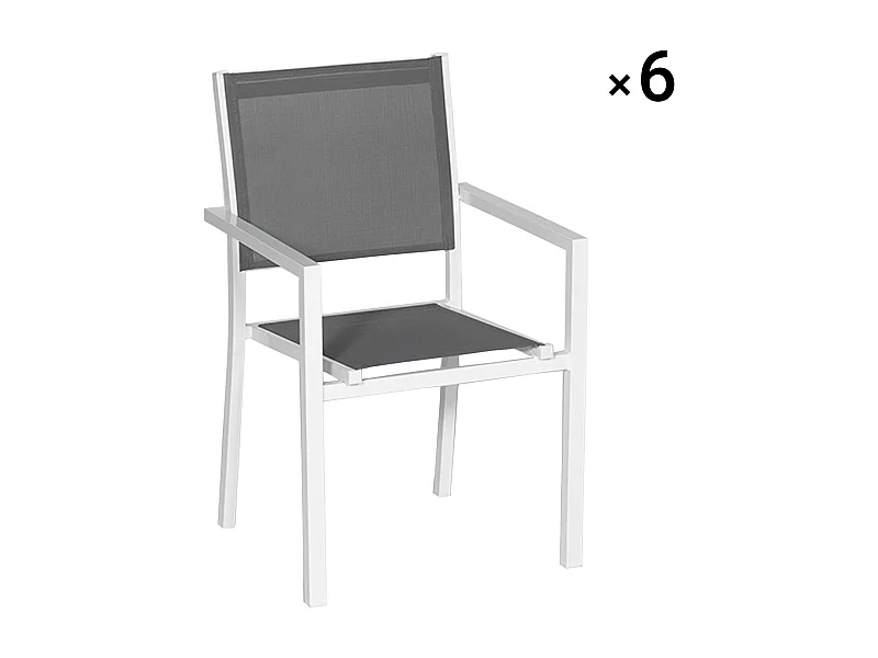 Lot de 6 chaises en aluminium blanc - textilène gris - HAPPY GARDEN