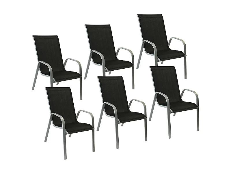 Lot de 6 chaises MARBELLA en textilène noir - aluminium gris - HAPPY GARDEN