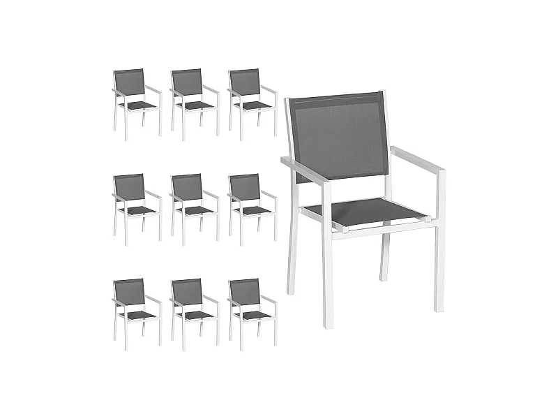 10er Set Stühle aus weißem Aluminium - graues Textilene