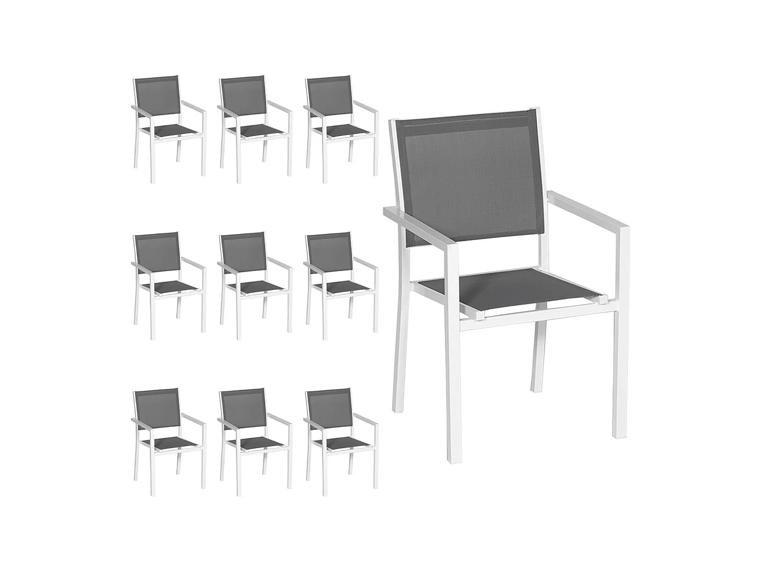 Lot de 10 chaises en aluminium blanc - textilène gris - HAPPY GARDEN