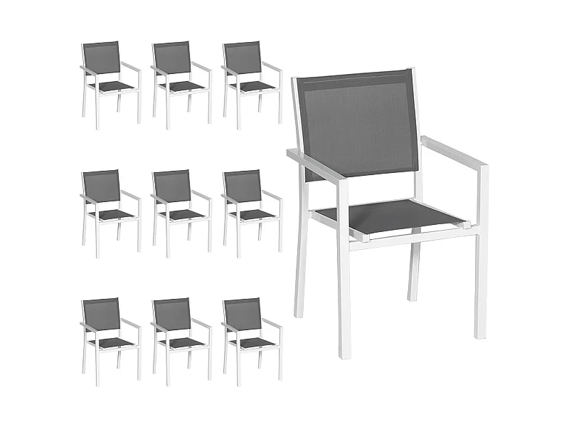 Lot de 10 chaises en aluminium blanc - textilène gris - HAPPY GARDEN