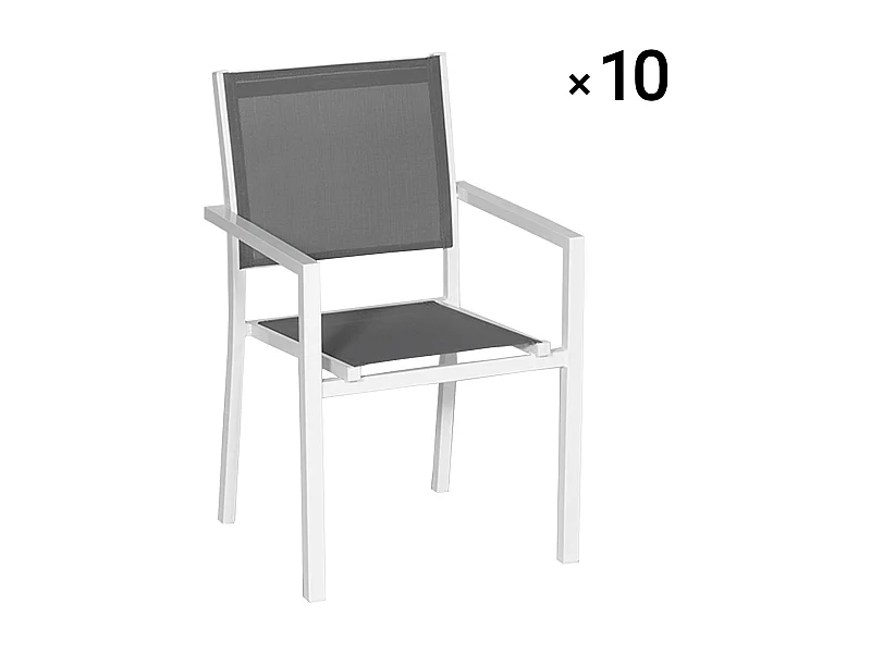 Set van 10 witte aluminium stoelen - grijs textilene