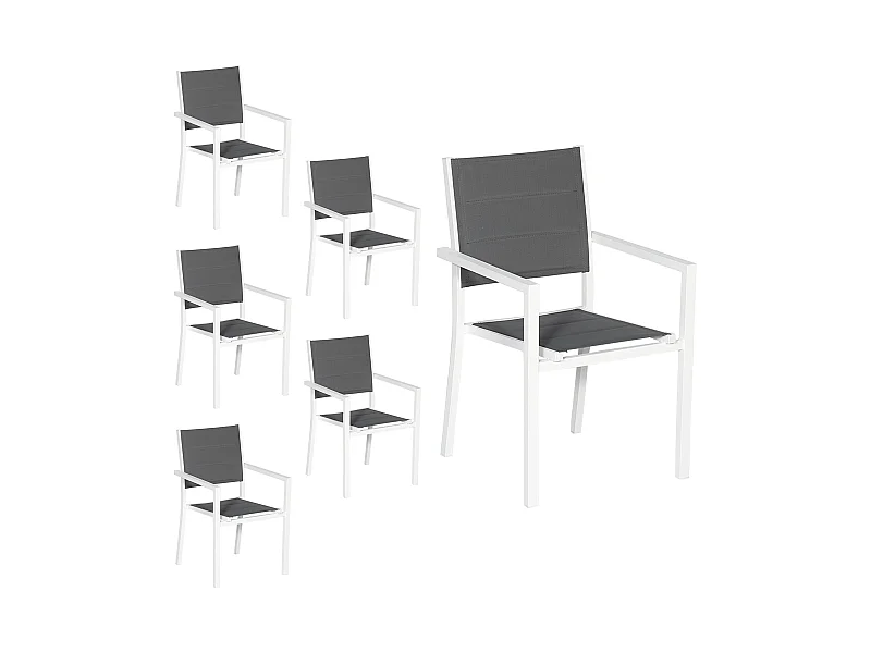 6er Set gepolsterten Stühlen aus weißem Aluminium - graues Textilene
