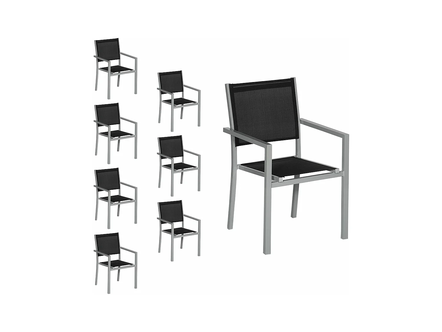 Lot de 8 chaises en aluminium gris - textilène noir - HAPPY GARDEN