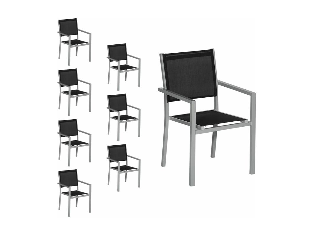 Set van 8 grijze aluminium stoelen - zwart textilene
