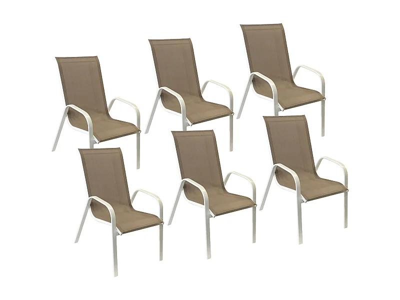 Set van 6 MARBELLA stoelen in taupe textilene - wit aluminium
