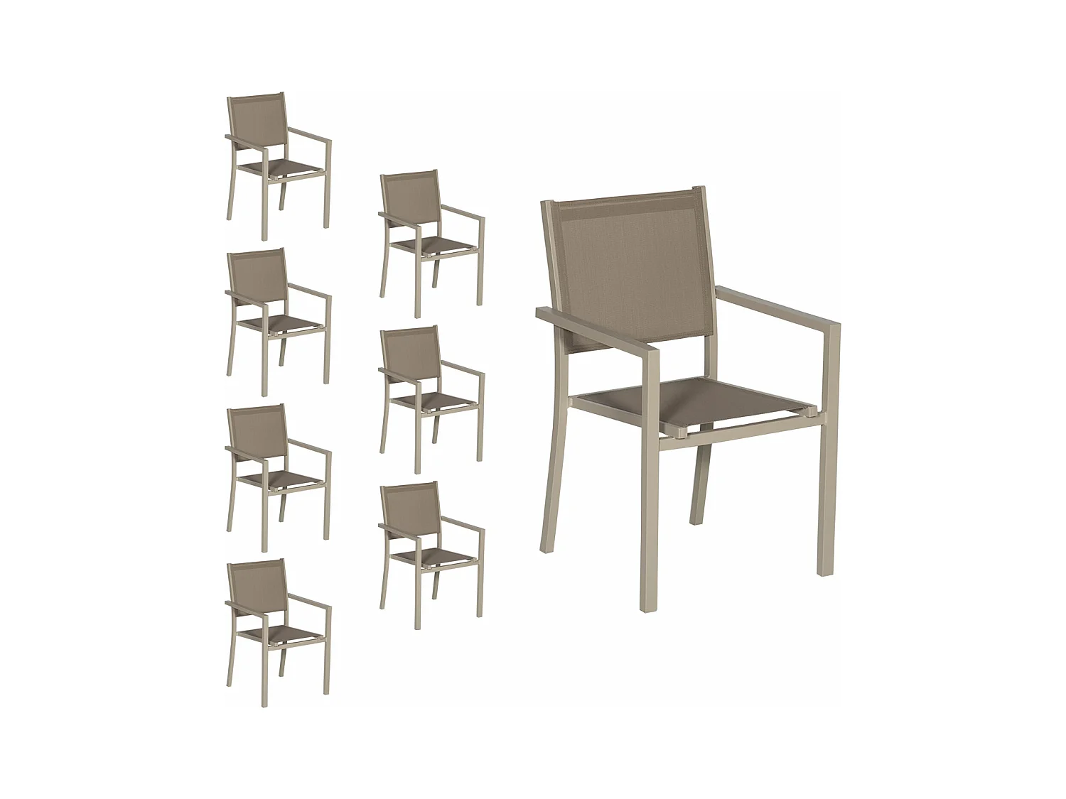 Lot de 8 chaises en aluminium taupe - textilène taupe - HAPPY GARDEN