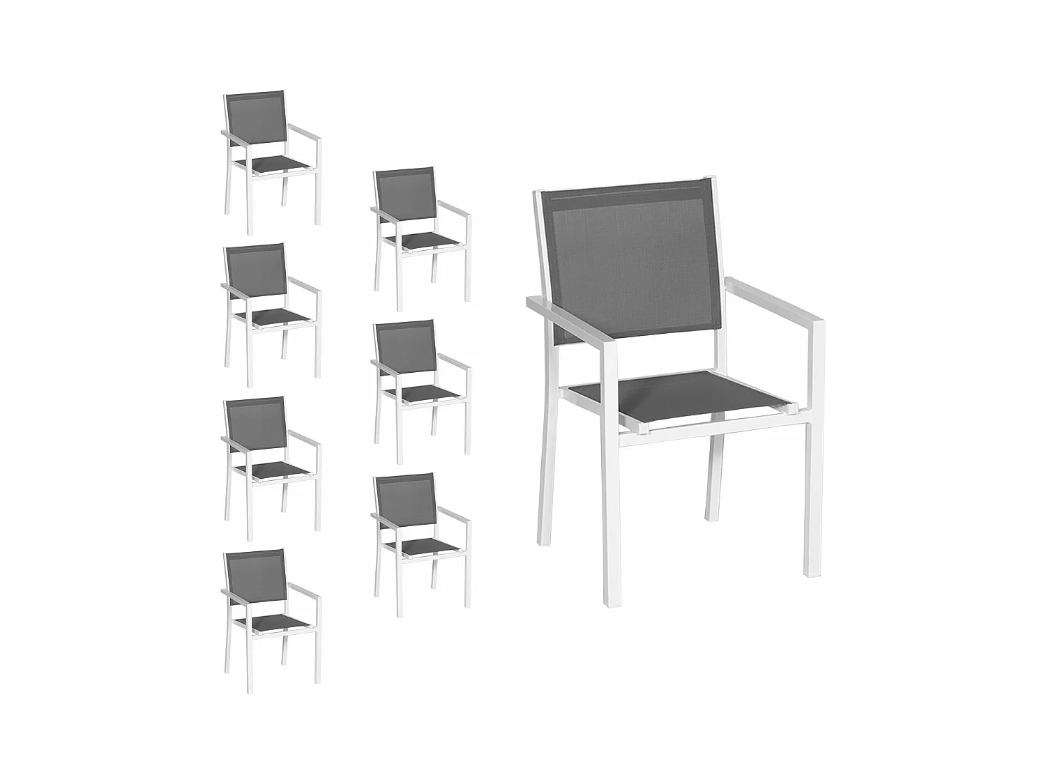 Lot de 8 chaises en aluminium blanc - textilène gris - HAPPY GARDEN