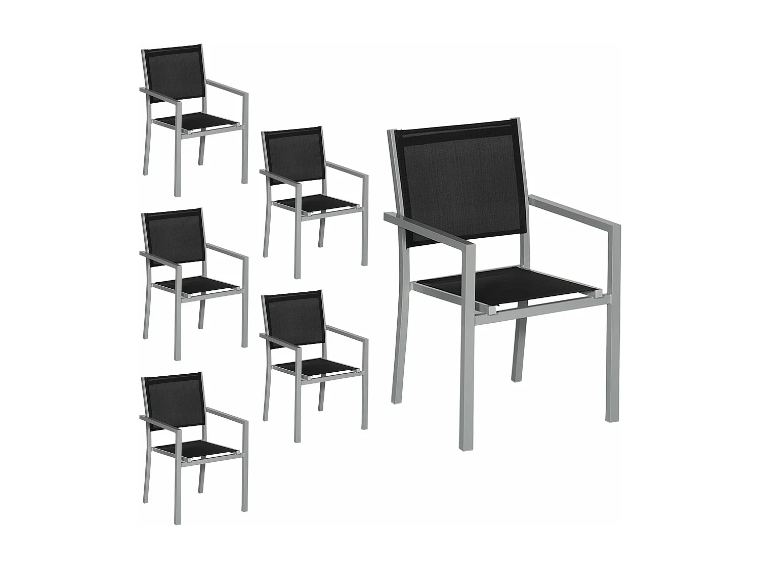 Set van 6 grijze aluminium stoelen - zwart textilene