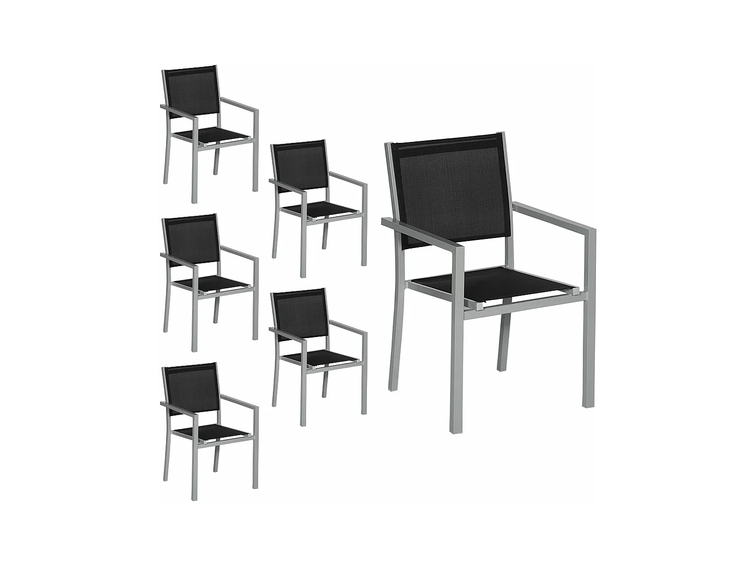 Lot de 6 chaises en aluminium gris - textilène noir - HAPPY GARDEN