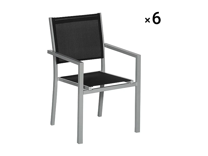 Lot de 6 chaises en aluminium gris - textilène noir - HAPPY GARDEN