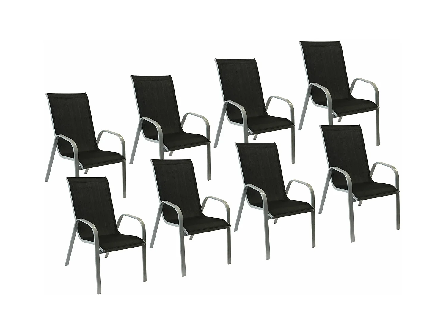 Set van 8 MARBELLA stoelen in zwart textilene - grijs aluminium