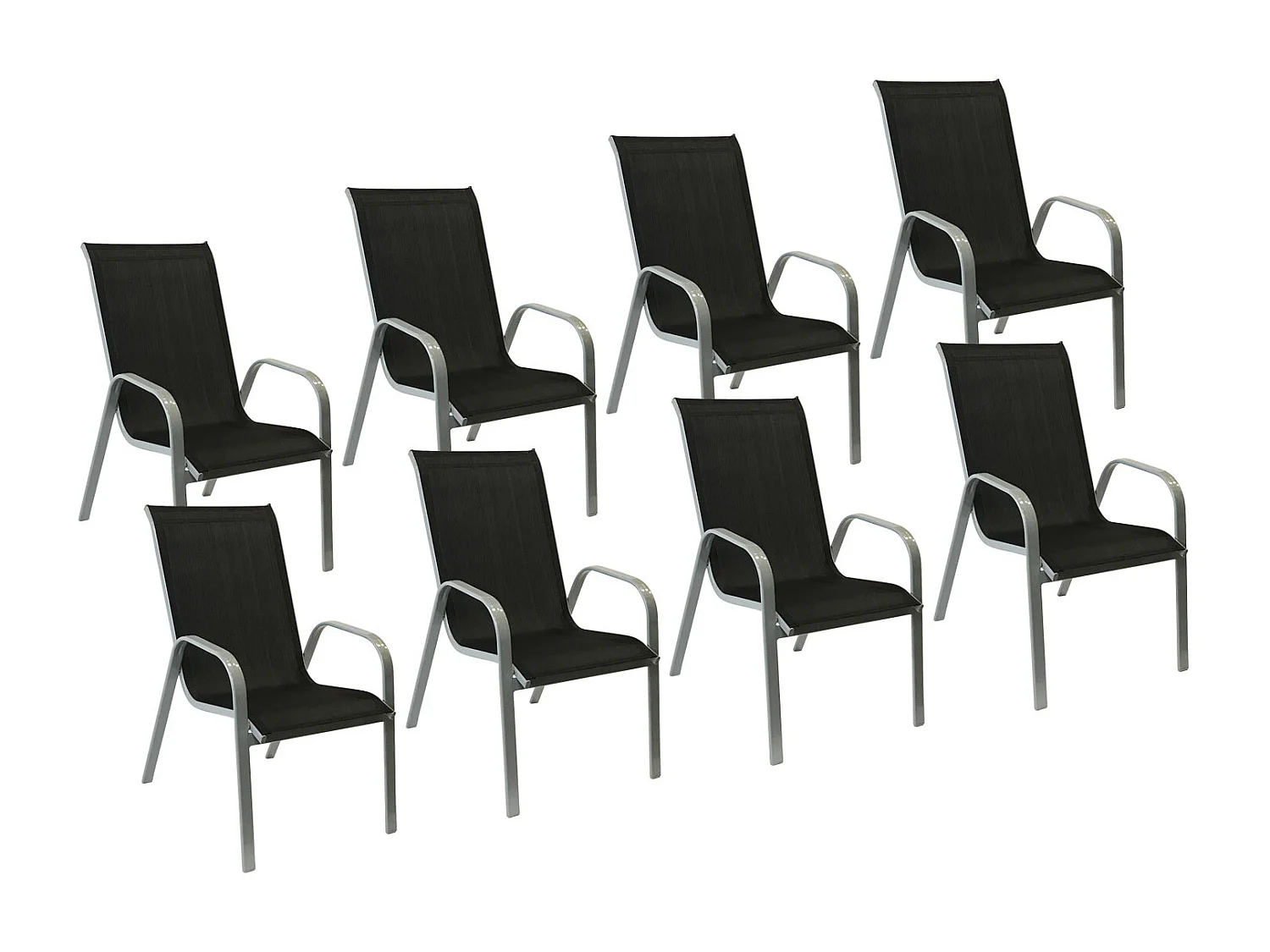 Set van 8 MARBELLA stoelen in zwart textilene - grijs aluminium