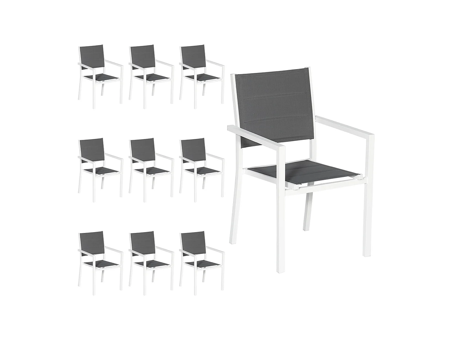 Lot de 10 chaises rembourrées en aluminium blanc - textilène gris - HAPPY GARDEN