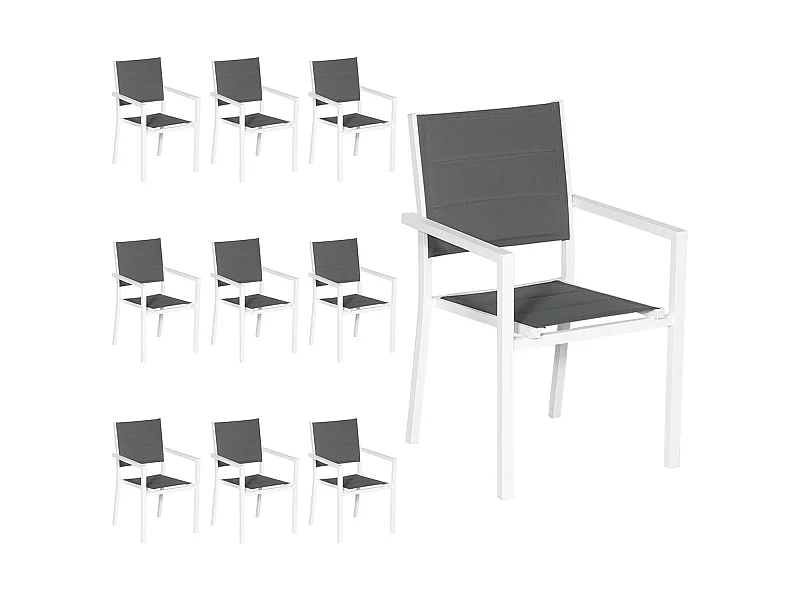 Lot de 10 chaises rembourrées en aluminium blanc - textilène gris - HAPPY GARDEN