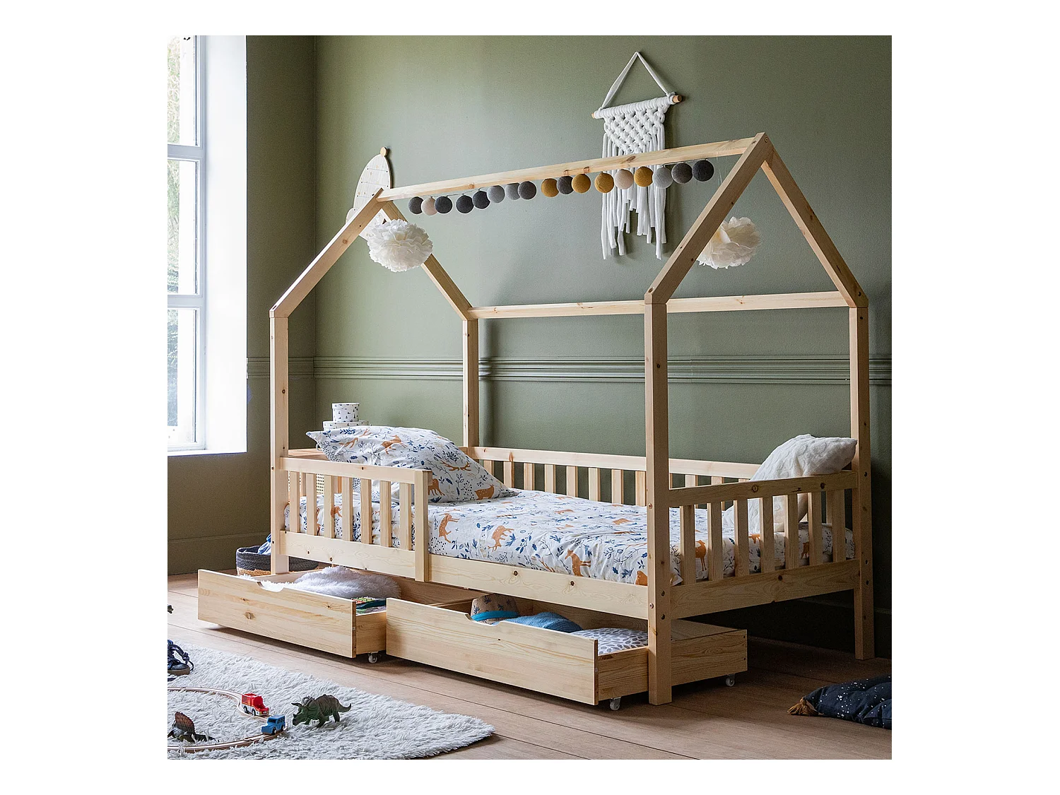 Lit cabane pour enfant 190x90cm en bois avec tiroirs MARCEAU - HAPPY GARDEN