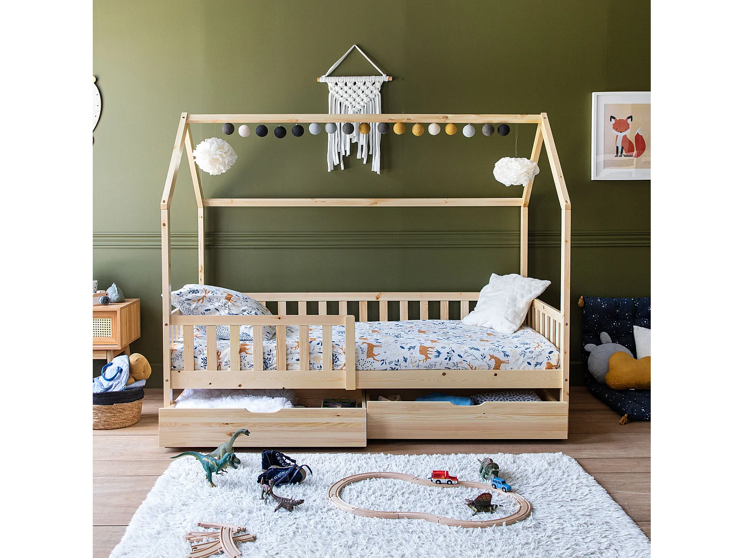 Lit cabane pour enfant 190x90cm en bois avec tiroirs MARCEAU - HAPPY GARDEN