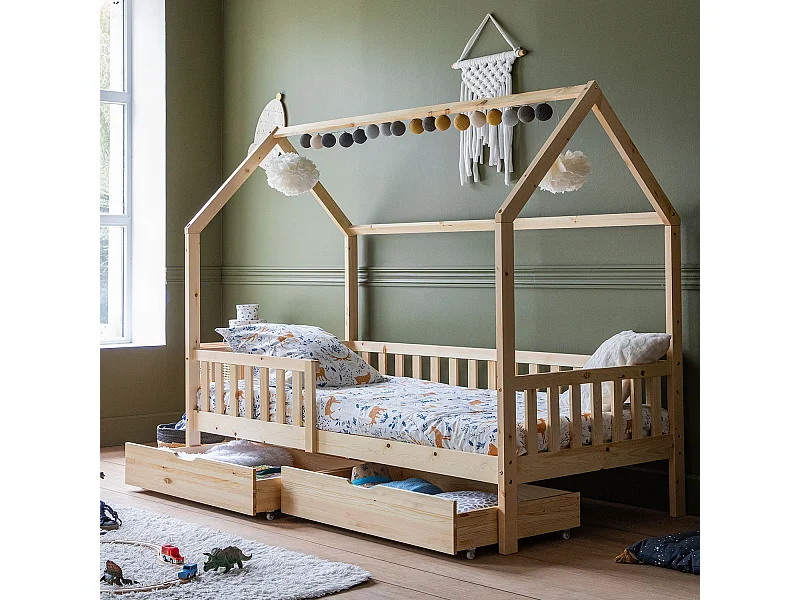 Lit cabane pour enfant 190x90cm en bois avec tiroirs MARCEAU - HAPPY GARDEN