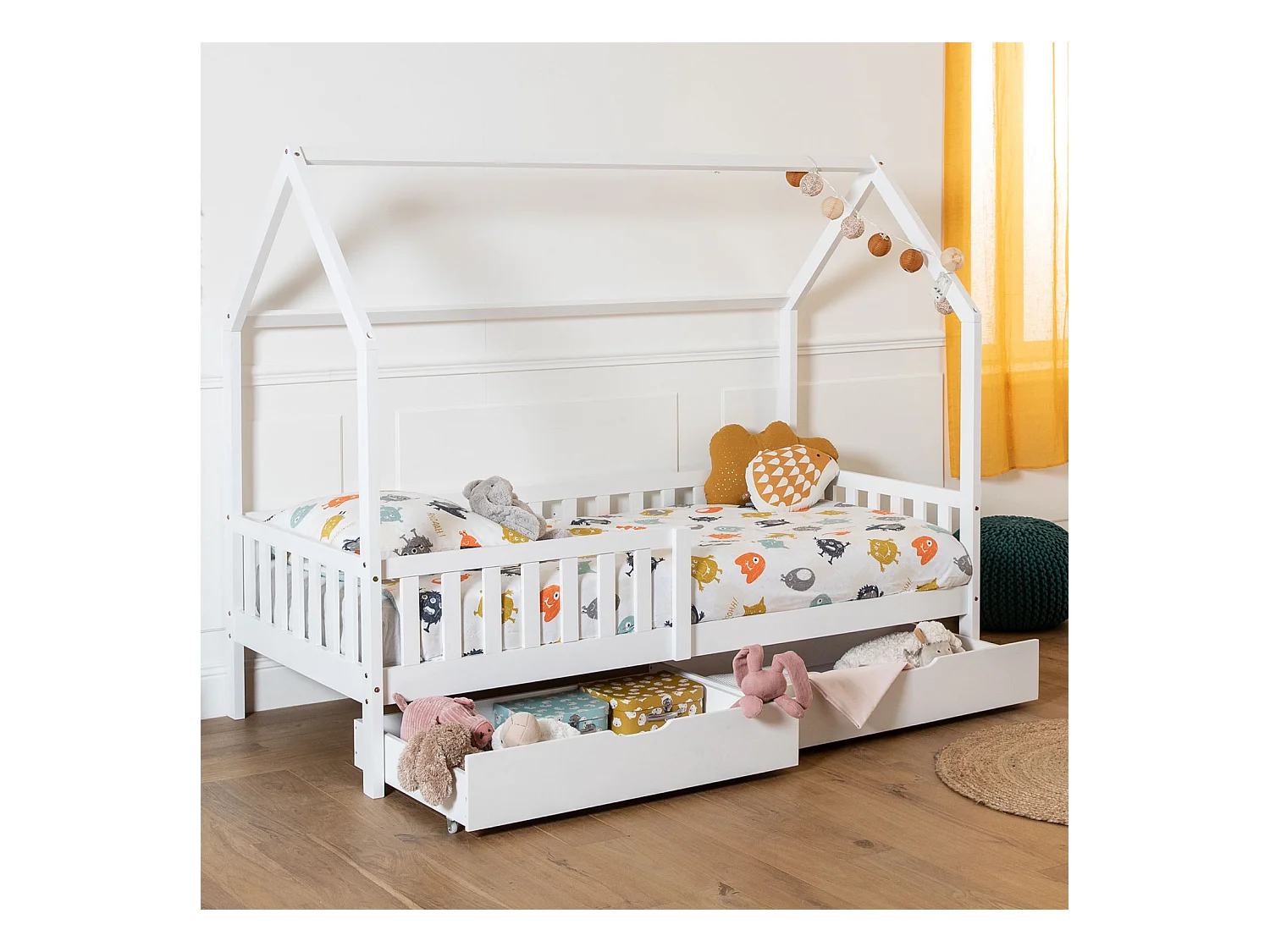 Lit cabane pour enfant 190x90cm blanc avec tiroirs MARCEAU - HAPPY GARDEN