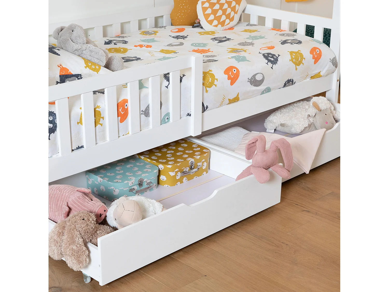 Lit cabane pour enfant 190x90cm blanc avec tiroirs MARCEAU - HAPPY GARDEN