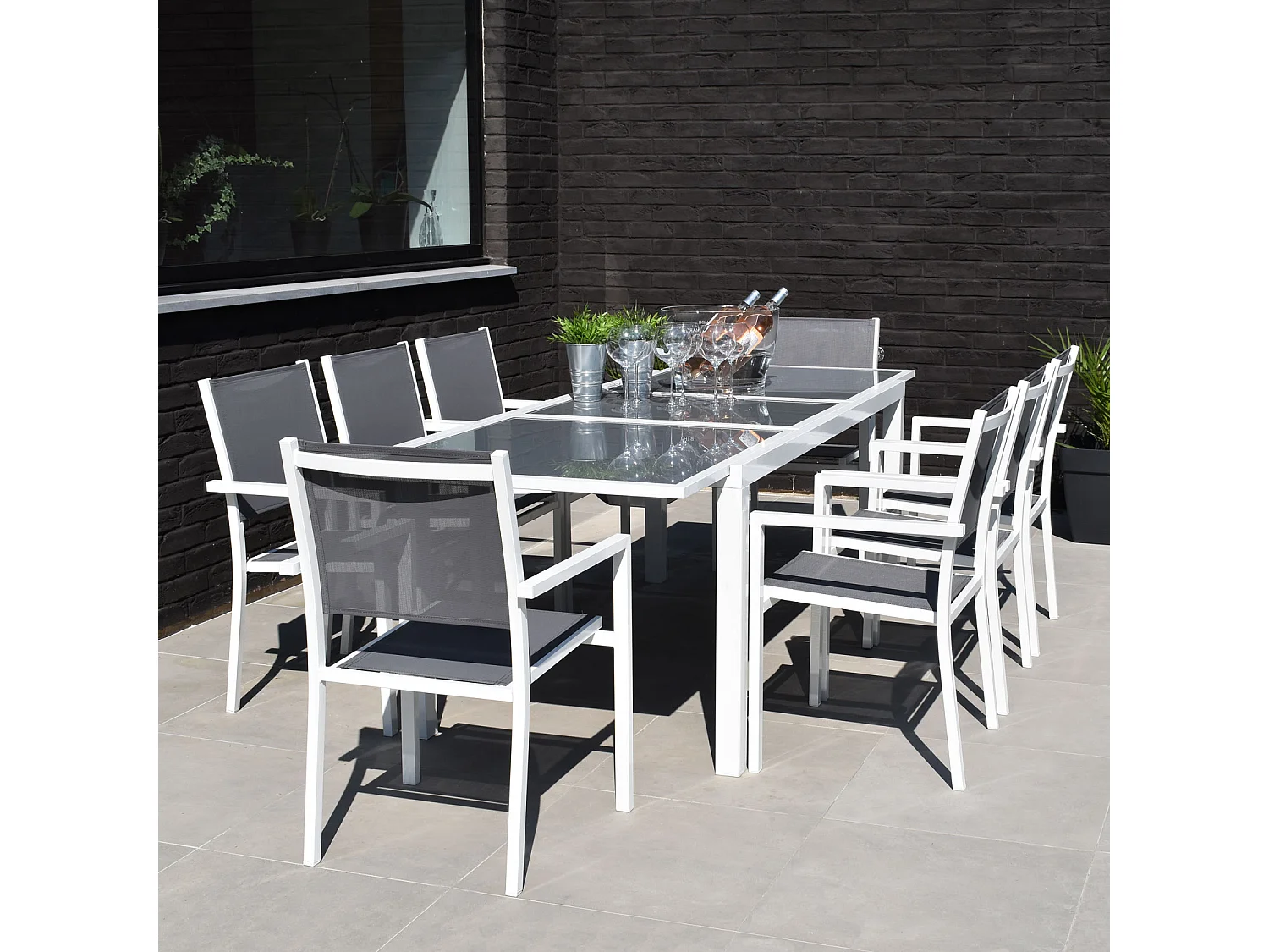 Salon de jardin FIRENZE extensible en textilène gris 8 places - aluminium blanc - HAPPY GARDEN