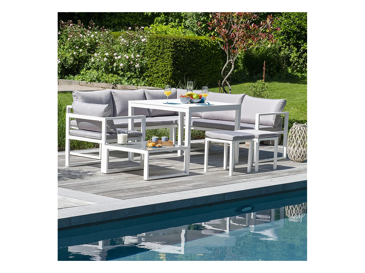 Salon de jardin modulable IBIZA en tissu gris 7 places - aluminium blanc - HAPPY GARDEN
